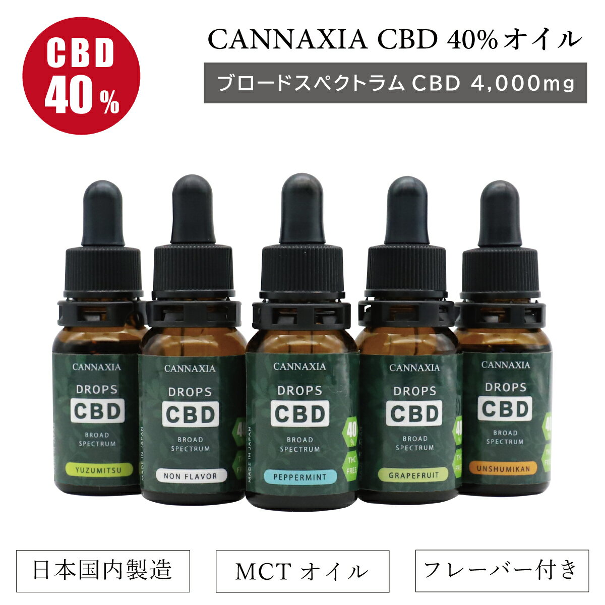 【仕様】 ブランド cannaxia（カンナシア） 商品名 CBD含有食用油脂 容量・含有量 10ml / CBD含有量4000mg 原材料 中鎖脂肪酸油、CBDディストレート（THCフリー）、香料 使用方法 付属のスポイト付きキャップで数滴を目安に口の中に数的垂らしゆっくりと味わってください。 保存方法 キャップを閉めて、高温多湿・直射日光を避けて保管してください。 賞味期限 製造日から2年 商品パッケージに記載 ※開封後は60日間を目安にご使用ください。 製造元 株式会社 晴和 埼玉県狭山市笹井 2821-3 製造国 日本 【商品説明】 国内自社工場で厳選された原料を使用し製造したオイルとなります。 CBDを高濃度40%4000mg配合。苦みを感じるのはCBDが濃い証拠です。 CBDの原料には欧米産のヘンプを使用しています。 ベースオイルにはココナッツ由来のMCTオイルを使用しています。 植物や果物から抽出したテルペンフレーバー4種類に、お料理にも使いやすいノンフレーバーを加えた5種類のラインナップからお好みのフレーバーをお選びください。 ・温州みかん 日本を代表する柑橘類である「温州みかん」 どこか懐かしい甘みと香りが心を落ち着かせてくれます。 ・ペパーミント スッキリと爽快感のあるペパーミントの香り。 気分をスッキリとリフレッシュしたい時にもオススメです。 ・グレープフルーツ 爽やかな甘みと少しの酸味と苦味が特徴的なグレープフルーツの香り。 ちょっぴり刺激的な香りは運動後のクールダウンにもオススメ。 ・ゆず蜜 古くから日本人となじみの深い柚子。 ほんのり蜜の甘味をたすことで、柚子本来の香りを更に引き立てました。 ・ノンフレーバー 香りを添加していないノンフレーバーオイルです。 そのまま飲むのはもちろん、お料理や飲み物に入れてもお使いいただけます。 【みなさまにCBDの魅力を知って欲しいから】 国内自社工場での一貫製造で余分な作業や中間コストを徹底的に削減し、お求めやすい価格を実現しました。 【使用方法】 付属のスポイト付きキャップで数滴を目安に口の中に数的垂らしゆっくりと味わってください。 【商品の特徴】 ・すっきりリフレッシュしたい時に ・高濃度40%CBD ・第三者機関によるTHCフリー検査済 ・残留農薬、重金属検査済み ・中鎖脂肪酸のみを抽出したMCTオイルを使用 ※パッケージ、ラベルは予告なく変更になる事があります。予めご了承ください。