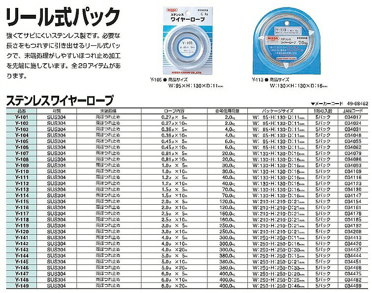 【建設荷役用品】NISSA CHAIN(ニッサチェイン)ステンレス ワイヤーロープ 径2.5mm×5m Y-117【522】 2
