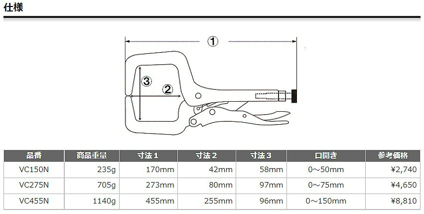 【作業工具】LOBSTER(ロブスター)バイスプライヤ C型 VC275N【458】