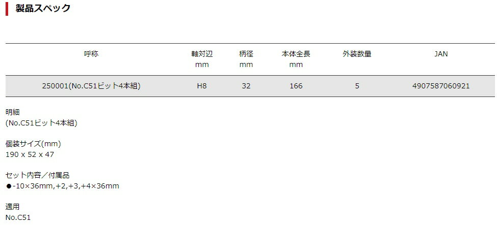【締付工具】VESSEL(ベッセル)インパクトタイプドライバー(No.C51ビット4本組)No.250001【523】 3