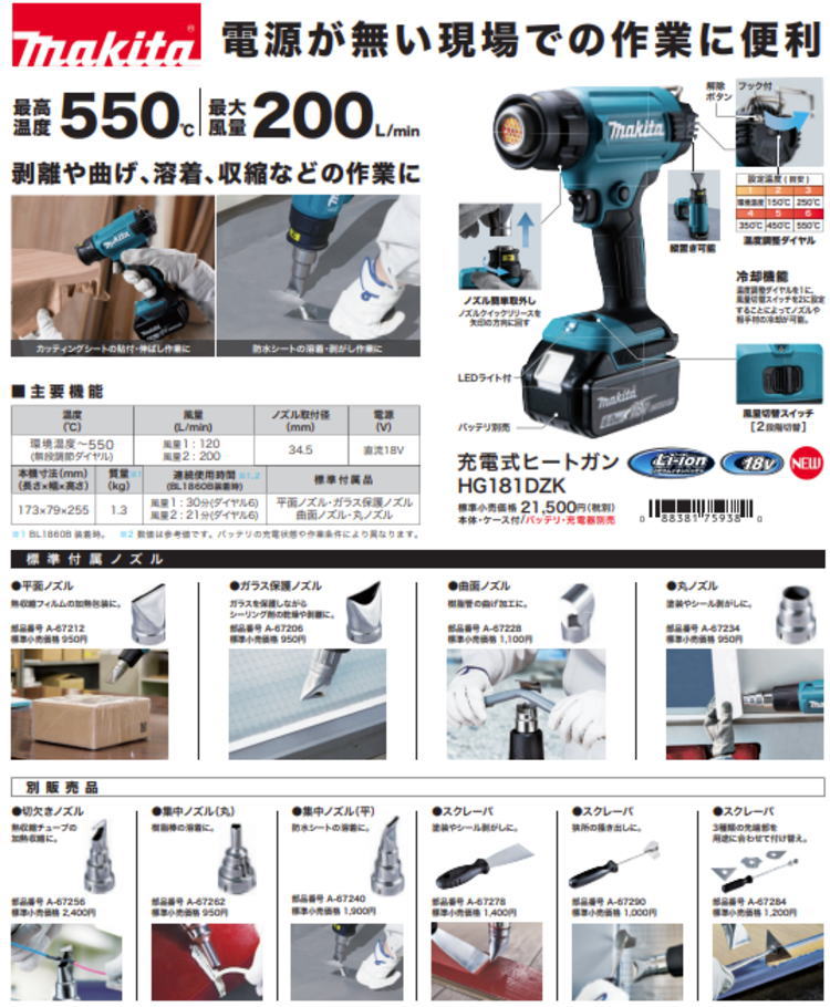 ���������ߡ�18V ���ż��ҡ��ȥ���(���ΤΤ�) �ޥ��� HG181DZK��460��