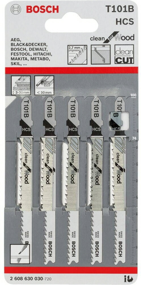 BOSCH(ボッシュ)木工用ジグソーブレード ハイス鋼 替刃 全長100mm×山数9 5枚入 T101B-HCS(2608 663 000)T-101B【456】