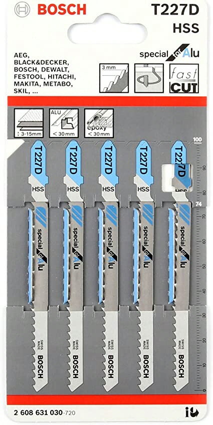 【切削工具】BOSCH(ボッシュ)アルミニウム用ジグソーブレード ハイス鋼 替刃 全長100mm×山数8 5枚入 T227D-HSS(2608 631 030)T-227D【456】