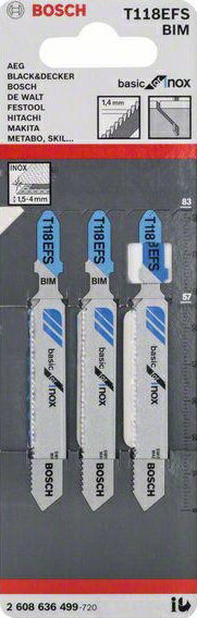 BOSCH(ボッシュ)ステンレス厚板用ジグソーブレード バイメタル 替刃 全長83mm×山数18 3枚入 T118EFS-BiMetal(2608 636 499)T-118EFS-BIM basic for inox【456】