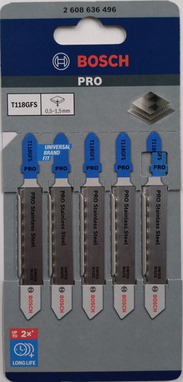 BOSCH(ボッシュ)ステンレス薄板用ジグソーブレード バイメタル 替刃 全長83mm×山数32 5枚入 T118GFS-BiMetal(2608 636 496)T-118GFS【456】