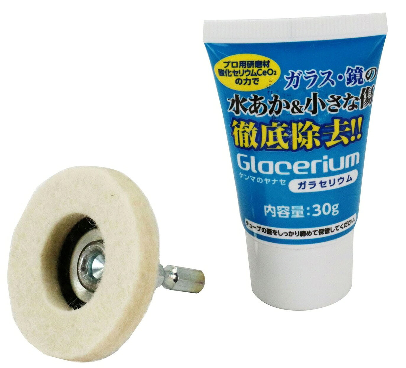 ヤナセ 研磨工具商品説明 ガラセリウムがチューブの容器に 入っているので塗布も楽々です。 低トルクの3.6Vの電動ドライバー とも相性抜群です。 用途 ガラスの小さなキズ消し、 鏡のウロコ落とし、ヘッドライトの 黄ばみなどに使えます。 ※掲載商品の仕様、デザイン、生産国、発売時期は 　予告なく 変更する場合がありますので、 　あらかじめご了承ください。 ※掲載画像の色彩は実際の商品及び印刷物と 　多少異なる場合があります。 ※メーカー希望小売価格はメーカーカタログに 　基づいて掲載しています。 発送詳細複数ご注文、またはメール便対応商品をご注文の場合は、ショッピングモールからの自動メールでは送料は確定しておりません。店舗よりメールにて確定送料をお知らせ致します。こちらの商品（1点）の送料は下記のとおりです。 ご注文確定前に必ずコチラをご確認の上ご購入をお願い致します・ご確認ください・配送について・返品、交換について{カテゴリ} ヤナセ株式会社 柳瀬株式会社 柳瀬 職人 機械 工具　 電動工具 道具 仕事 建築 建設 大工 工事　 現場 作業 業務用 砥石 といし 研磨 研磨工具 研削砥石 施工 内装 仕上げ やすり サンダー ブラシ スクレーパー ステンレス ワイヤーブラシ スポンジ コンデンサー コンパウンド クロス サンドペーパー クリーム ペースト ナイロン 磨き 練りもの サビ 錆 アクセサリー WORK DIY ACCESSORY ACC THUNDER BRUSH SCRAPER SANDPAPER CREAM PASTE RUST NYLON　