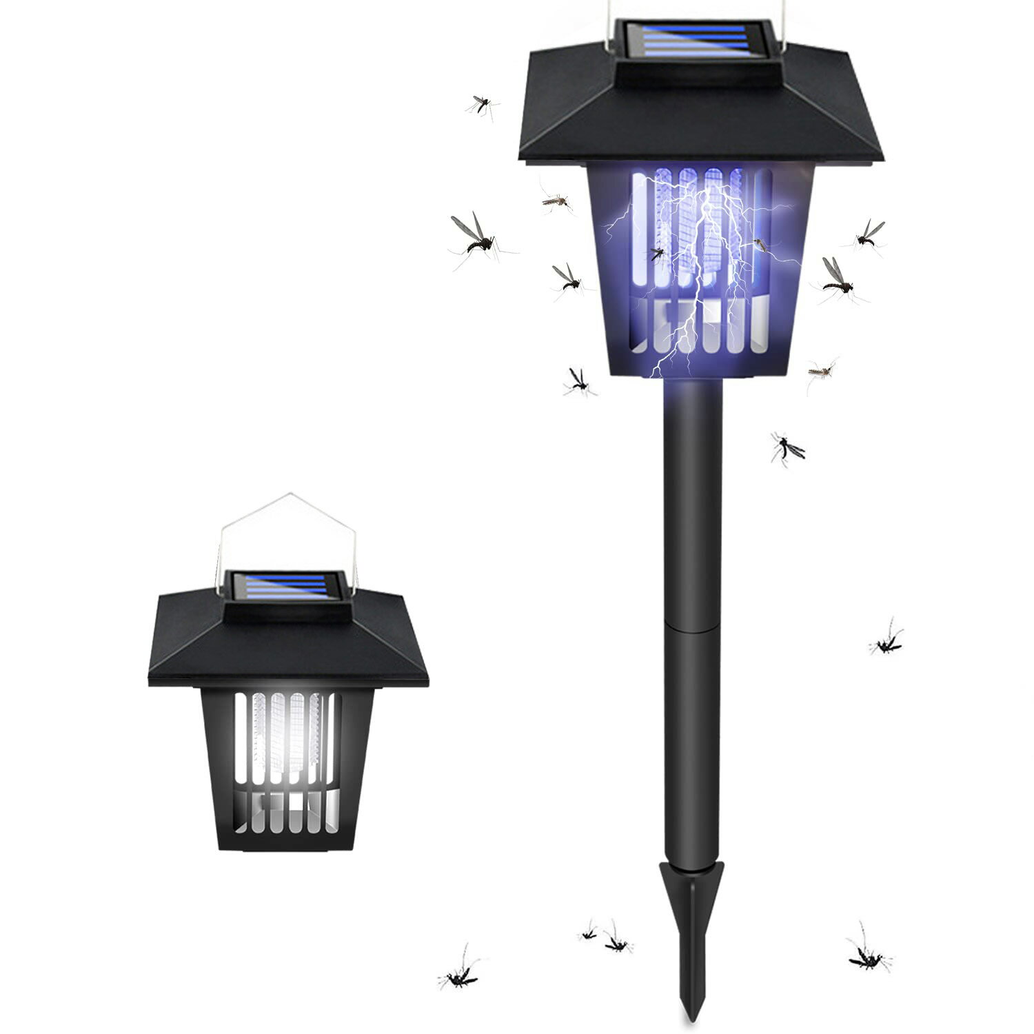 電撃殺虫器 屋外 ソーラー充電式 捕虫器 電池式 360°強力蚊除け 蚊取り器 虫対策 薬剤不要 配線不要 蚊取りと照明両用 ガーデンライト 電撃殺虫機 電気式蚊取り器 防水 静音 置く/吊り下げる/地面に挿す対応可能 家庭用 業務用 リビング/居間/屋外/庭/園芸/玄関/アウトドア