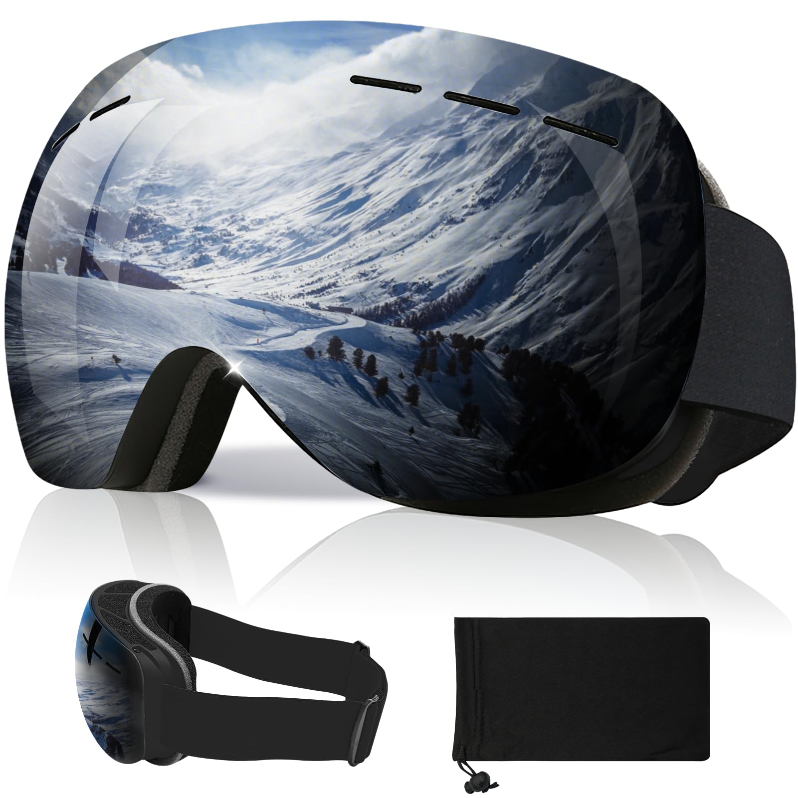 スキーゴーグル スノーゴーグル スノーボードゴーグル 240°OTG広い視界 2層球面レンズ 曇り防止 スポーツ用ゴーグル 99%UVカット 3層スポンジ メガ...