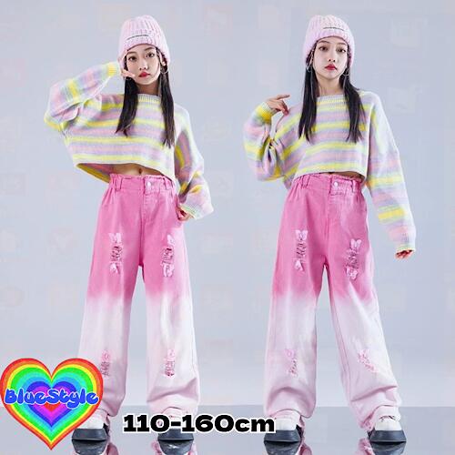 乐天商城 - 韓国 子供服 キッズダンス衣装 セットアップ ヒップホップ ストリート 女の子 セットアップ 韓国 キッズ服 ティーンズ キッズ 女の子 ガールズ HIPHOP BlueStyle ブルースタイル ショート 上下セット