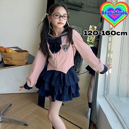 乐天商城 - 韓国 子供服 韓国キッズ服 女の子 セットアップ GIRLS セットアップ 2点セットBlueStyle bluestyle ブルースタイル 制服風 着回しコーデ 上下セット 可愛い キッズ服 韓国風 春服 春夏 ギャル キッズ ギャル