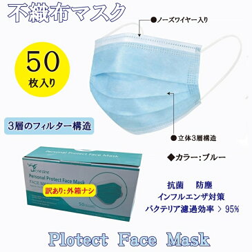 訳あり【50枚入り】カラー：ブルー3層　立体　不織布マスク ”防塵・抗菌・インフルエンザ対策” MASK-002【Tokyo 新橋店】