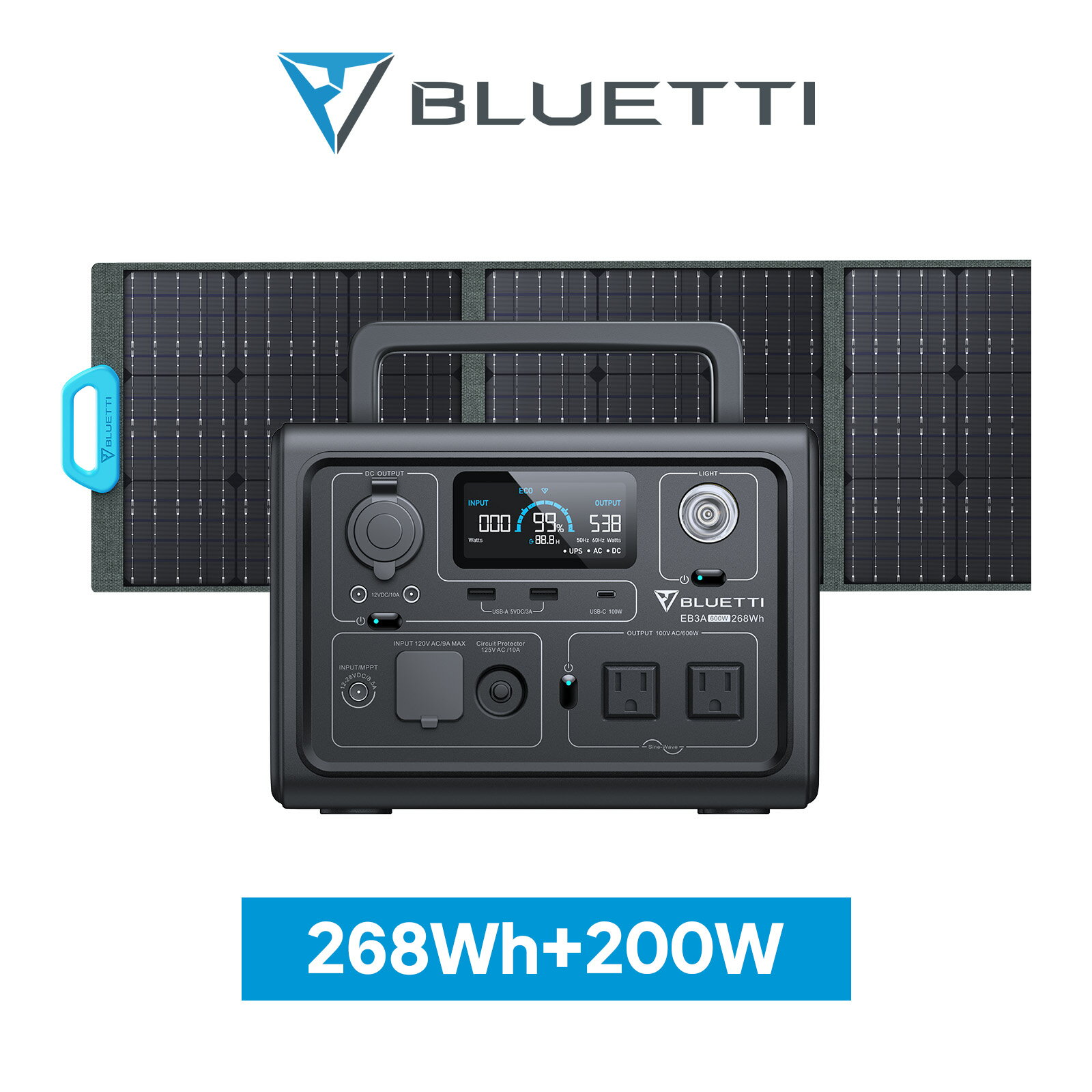 【クーポン利用で68,600円】BLUETTI ポータブル電源 ソーラーパネル セット EB3A+200W 268Wh/600W 200Wソーラー充電 リン酸鉄 太陽光パネル UPS機能 発電機 防災 停電 バックアップ電源 節電対策 急速充電 アウトドア キャンプ 車中泊