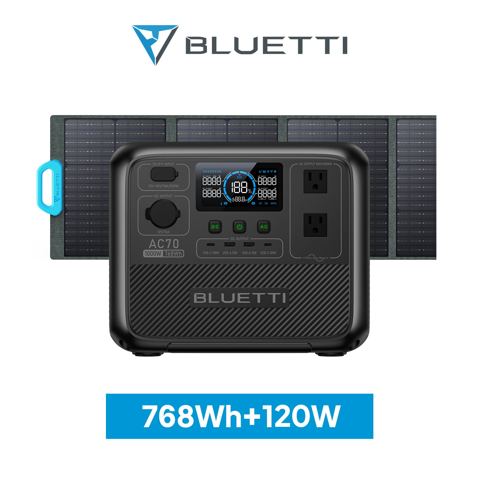 【クーポン利用で79,800円】BLUETTI ポータブル電源 ソーラーパネル セット AC70+120W 768Wh/1000W 大容量 家庭用 蓄電池 5年保証 リン酸鉄 長寿命 バックアップ電源 (サージ2000W) UPS機能 アプリ遠隔操作 アウトドア キャンプ 車中泊 防災 停電 節電対策