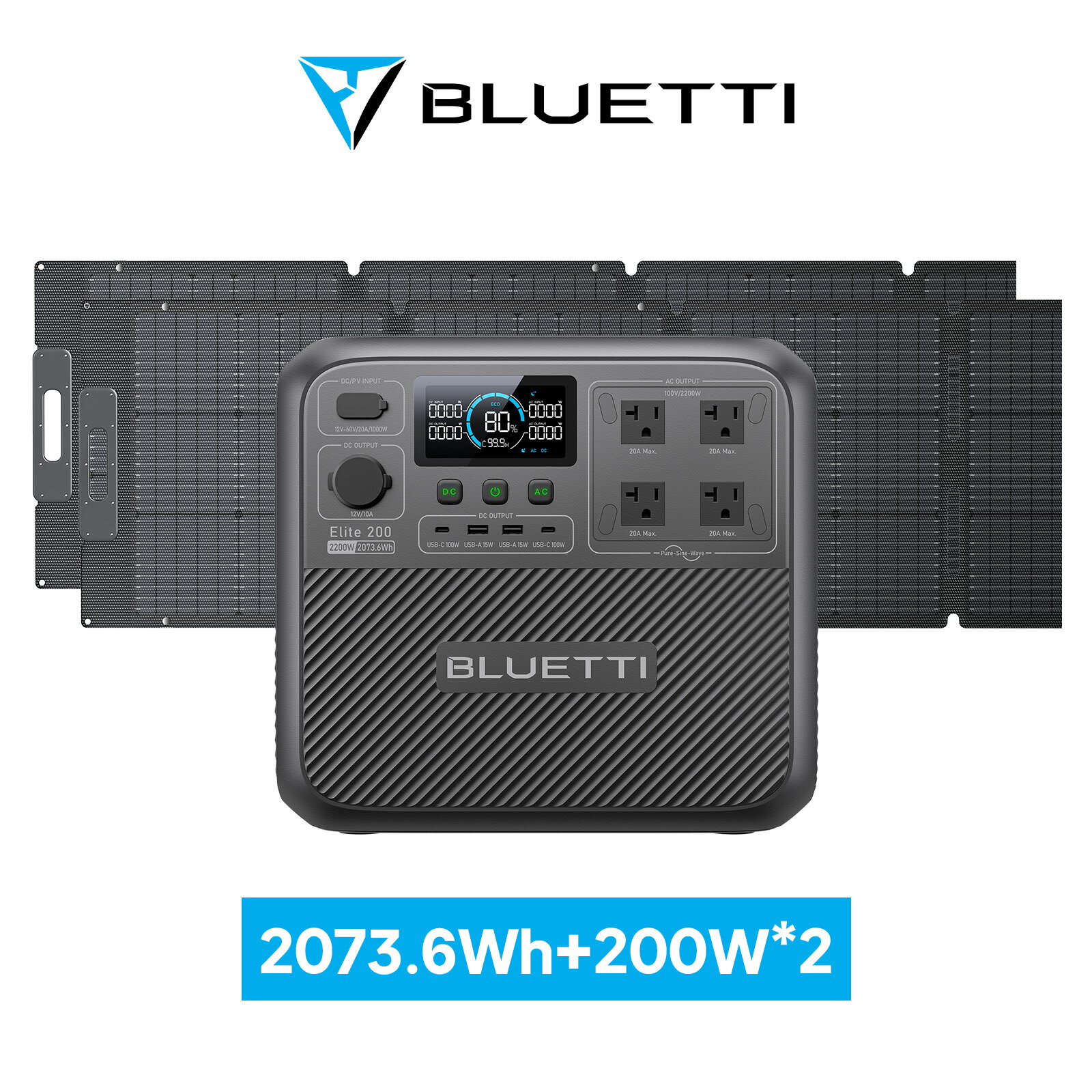 【クーポン利用で196,600円】BLUETTI ポータブル電源 ソーラーパネル セット Elite 200 V2+2枚200W 2073Wh/2200W (サージ3300W) リン酸鉄 17年長寿命 TruboBoost技術 1.7時間満充電 四重保護 15dB静音 電力リフト UPS機能 全面小型軽量化 WIFI遠隔操作 節電 非常用電源