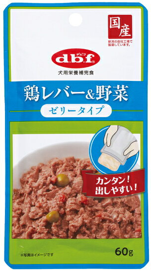 【商品説明】 粗挽きにした鶏レバーに野菜（人参、グリンピース）を加え、こんにゃく粉と寒天でゼリー状に仕上げました。腸内環境に配慮して、食物繊維を配合しています。 【原材料】 鶏レバー、野菜類(人参、グリンピース)、こんにゃく粉、寒天、食物繊維 【成分値】 たんぱく質5.5%以上、脂質1.0%以上、粗繊維0.5%以下、灰分1.0%以下、水分94.0%以下鶏レバーをこんにゃく粉と寒天でゼリー仕立てにしたレトルトパウチ！