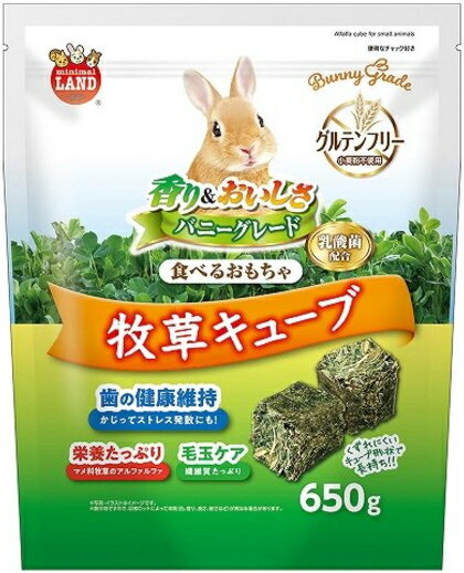 【商品説明】 かじって遊ぶこともできるようにうさぎが大好きな牧草をギュッと固めました。タンパク質とミネラルが豊富な、小動物用グルテンフリーの補助食です。かじることで、歯の伸びすぎ防止やストレス解消に役立ちます。くずれにくいキューブ形状なので、おでかけ時にも適しています。乳酸菌が腸内フローラを整え、お腹の健康を維持します。豊富な食物繊維が、体内の毛玉の排出をサポートします。うさぎ・ハムスター・モルモット・チンチラなどの小動物用。 【原材料】 アルファルファ、植物抽出発酵エキス、乳酸菌 【成分値】 たんぱく質17.8%以上、脂肪2.6%以上、粗繊維22.3%以下、灰分10.7%以下、水分12.3%以下かじって遊ぶこともできるキューブ型牧草！