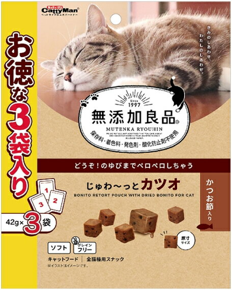 【商品説明】 保存料・着色料・発色剤・酸化防止剤不使用。上質なカツオにかつお節の香りと旨みをプラス。健康な瞳の維持にうれしいタウリンを配合。しっとりソフトな食感にこだわった、ジューシーな味わい。グレインフリー。 【原材料】 魚介類（かつお、かつお節、魚介エキス）、肉類（鶏ササミ、牛コラーゲン）、えんどう豆たん白、糖類、たん白加水分解物、酵母エキス、デキストリン、増粘安定剤（加工でん粉）、ソルビトール、ミネラル類（ナトリウム）、ポリリン酸ナトリウム、pH調整剤、くん液、タウリン 【成分値】 たんぱく質23.0％以上、脂質2.0％以上、粗繊維1.0％以下、灰分5.0％以下、水分70.0％以下じゅわ～っとジューシーな角切りスナック！