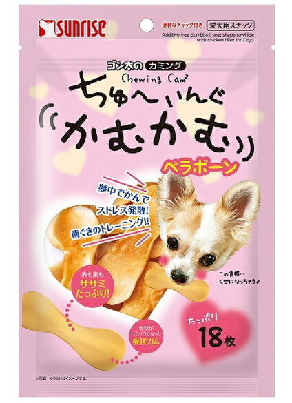 【商品説明】 夢中で噛んでストレス発散！歯ぐきのトレーニング。骨型の牛皮をペラペラの板状にし、ワンちゃんの大好きな鶏ササミを両面に塗り付けた牛皮ガムです。噛むことで歯と歯ぐきの健康維持やストレス解消に役立ち、夢中になって噛む姿も楽しめるスナックです。 【原材料】 肉類(牛皮、鶏ササミ) 【成分値】 たんぱく質68.0%以上、脂質0.70%以上、粗繊維1.7%以下、灰分4.3%以下、水分16.0%以下骨型の牛皮を板状にして鶏ササミを塗り付けたガム！
