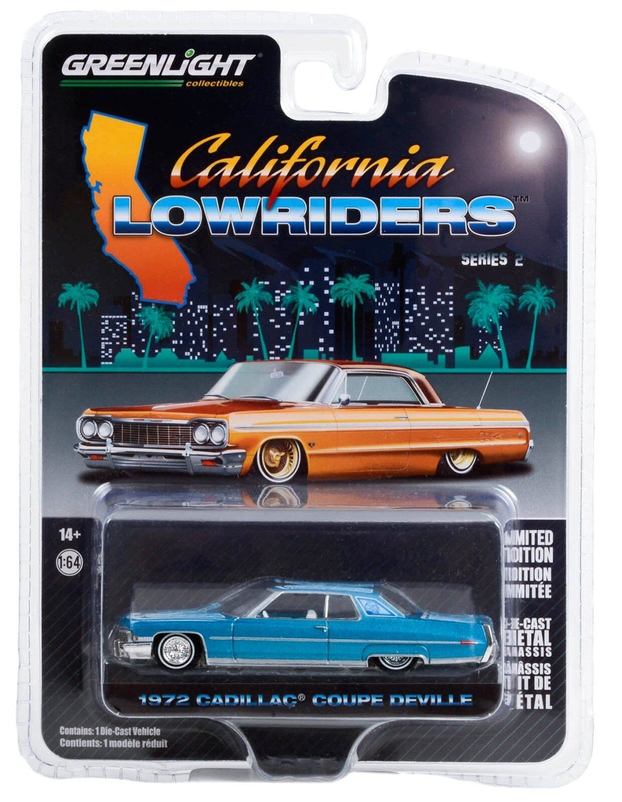 グリーンライト 1/64 キャデラック デビル 1972 ブルー カリフォルニア ローライダー Greenlight Cadillac Coupe deVille Lowrider ミニカー