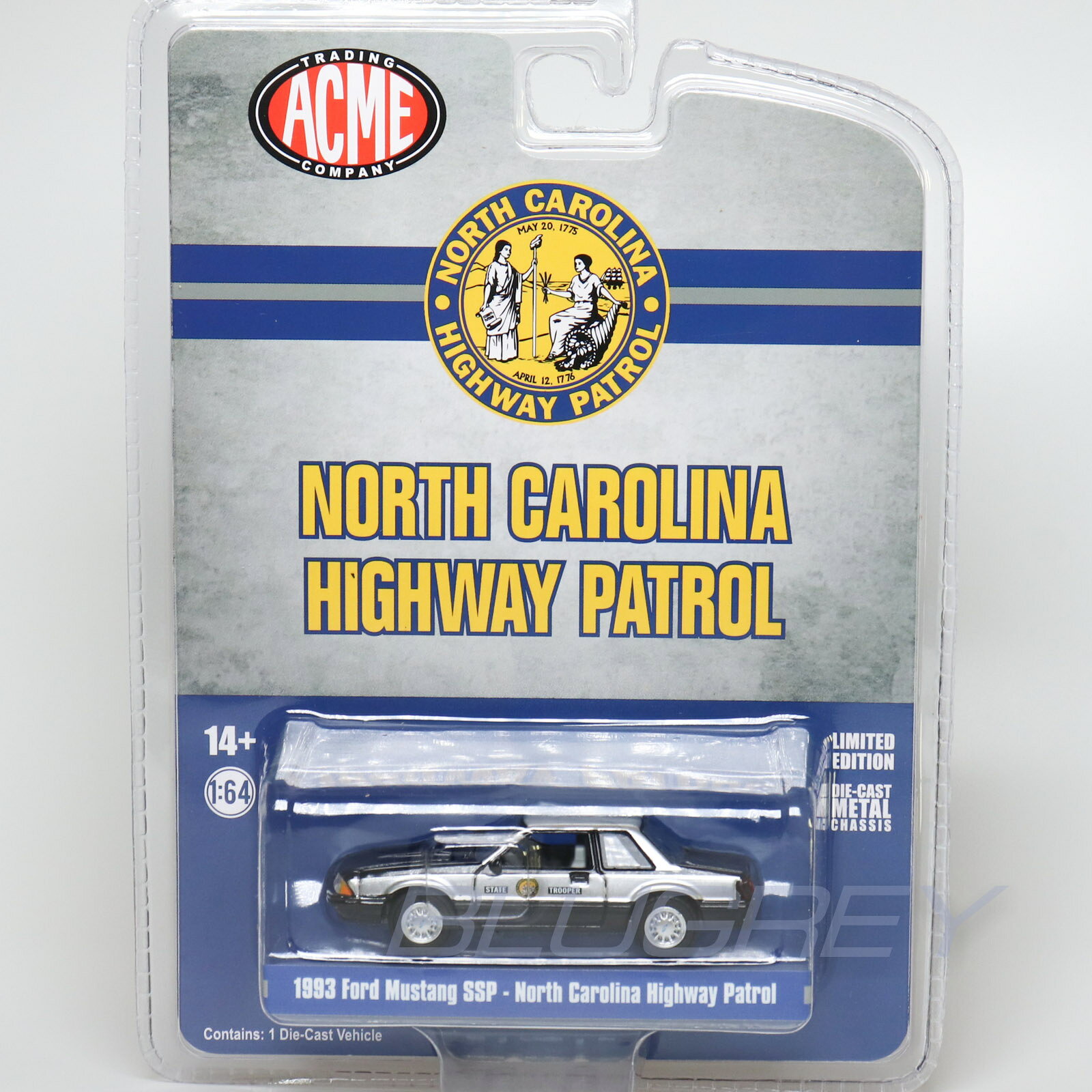 【国内在庫品】グリーンライト ACME 1/64 フォード マスタング SSP 1993 ノースカロライナ州 ハイウェイパトロール Greenlight Ford Mustang ミニカー ダイキャスト モデルカー 【仕様】・スケール：1/64・ダイキャスト・品番：51495 【注意】・製造時の塗装ムラ・ブツ・傷・はみ出し・デカールのズレ・浮き・欠け・ボンドのはみ出し・部品のズレ・タイヤの浮きなど、　メーカーによって差はありますが量産モデルはある程度許容されています。　個体差による返品・交換はお受けできませんのでご了承ください。・ブリスター、台紙、外箱には輸送に伴うスレやヨレ、汚れ、変形などがある場合があります。　パッケージの細かなダメージを気にされる方はご注文をお控え下さい。・パッケージの仕様/デザインは異なる場合があります。・商品は撮影や検品のため一度開封している場合があります。・お使いのパソコンのモニターの発色具合により実際のものと色が異なる場合がございます。 2