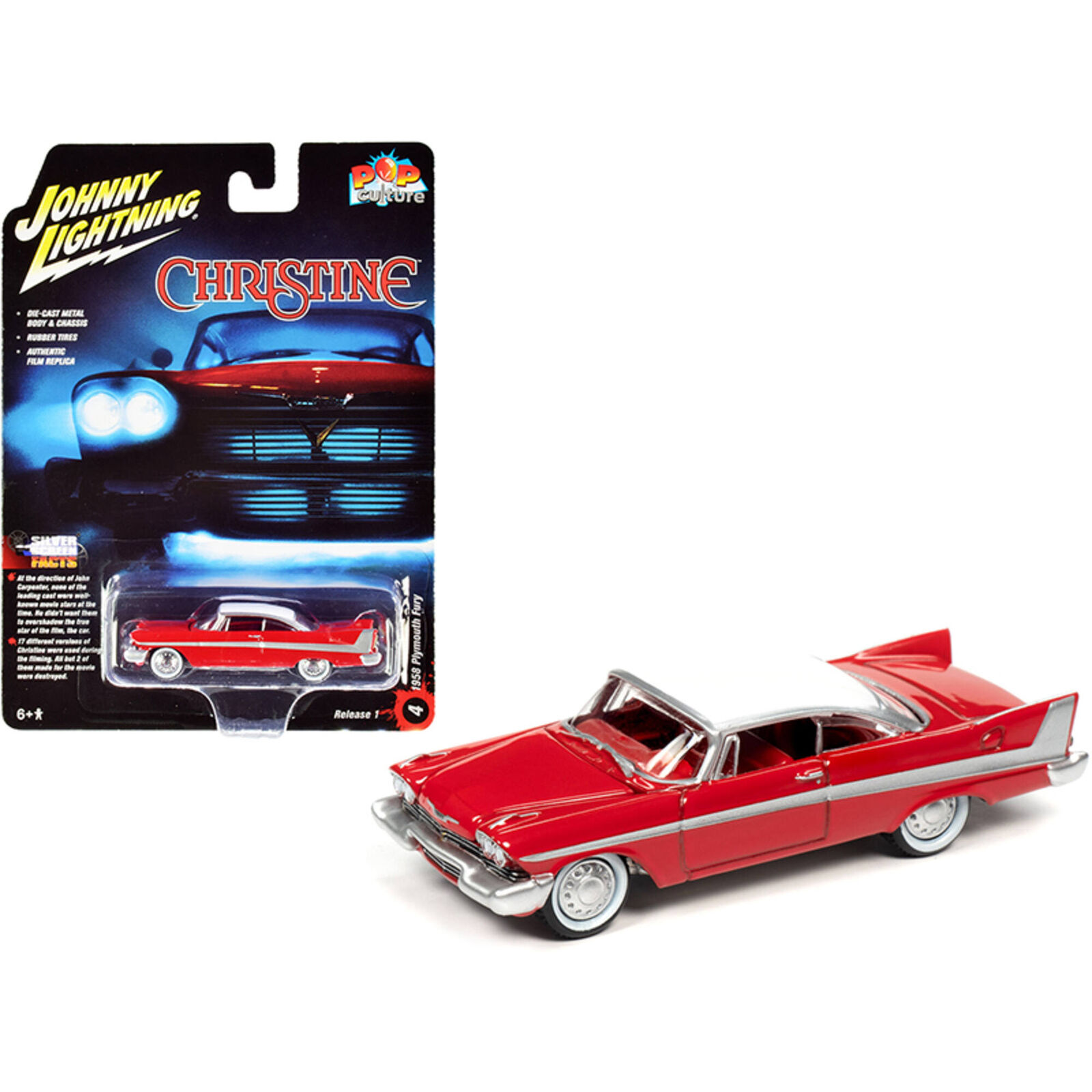 Johnny Lightning 1/64 "クリスティーン" プリマス フューリー 1958 昼間バージョン Christine Plymouth Fury ミニカー ミニカー ダイキャスト モデルカー 【仕様】・スケール：1/64・ダイキャスト・品番：JLSP095【注意】・製造時の塗装ムラ・ブツ・傷・はみ出し・デカールのズレ・浮き・欠け・ボンドのはみ出し・部品のズレ・タイヤの浮きなど、　メーカーによって差はありますが量産モデルはある程度許容されています。　個体差による返品・交換はお受けできませんのでご了承ください。・ブリスター、台紙、外箱には輸送に伴うスレやヨレ、汚れ、変形などがある場合があります。　パッケージの細かなダメージを気にされる方はご注文をお控え下さい。・パッケージの仕様/デザインは異なる場合があります。・商品は撮影や検品のため一度開封している場合があります。・お使いのパソコンのモニターの発色具合により実際のものと色が異なる場合がございます。 2