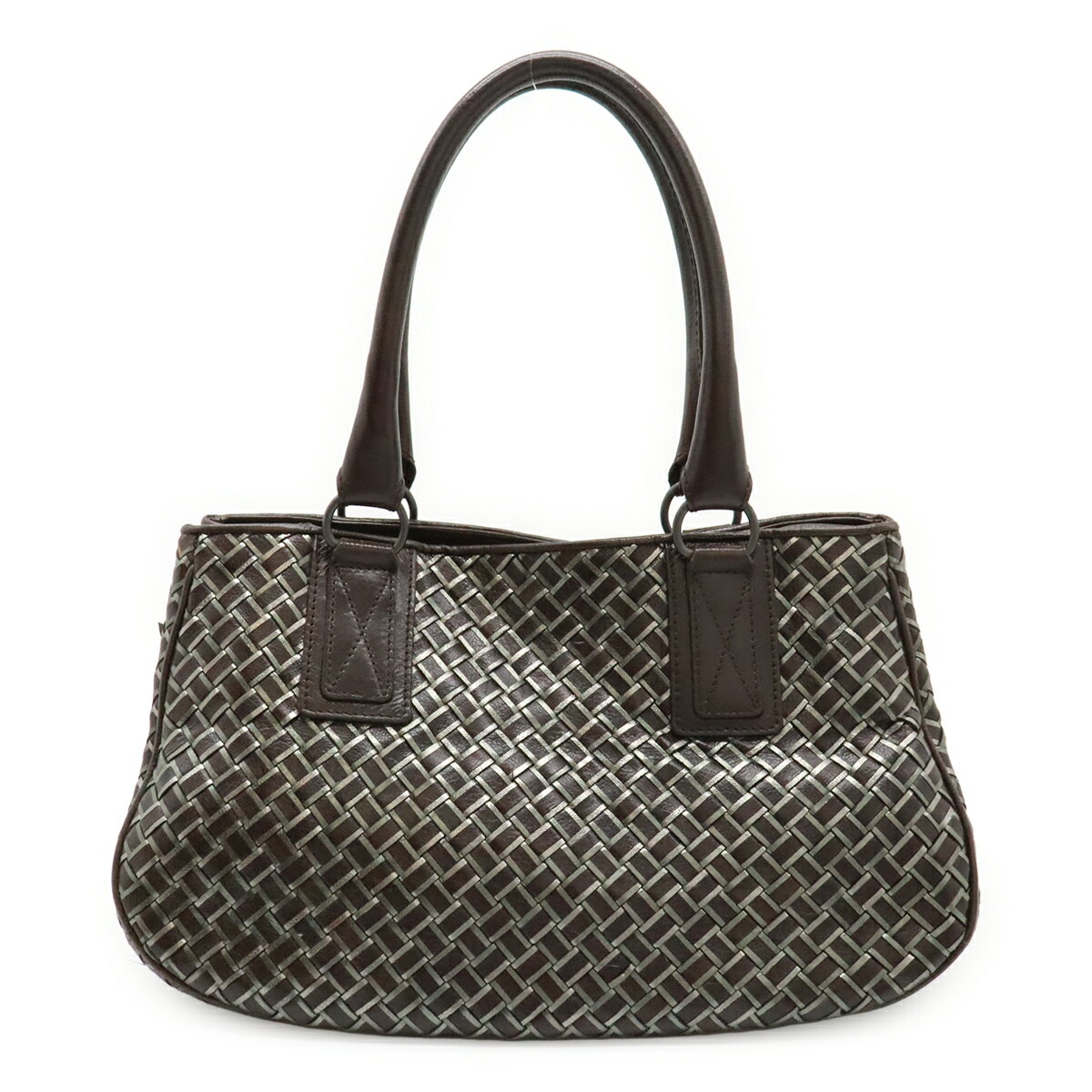 Rakuten - BOTTEGA VENETA ボッテガ ヴェネタ イントレチャート メタリック ハンドバッグ レザー ダークブラウン 茶 シルバー アウトレット品 131679 【中古】