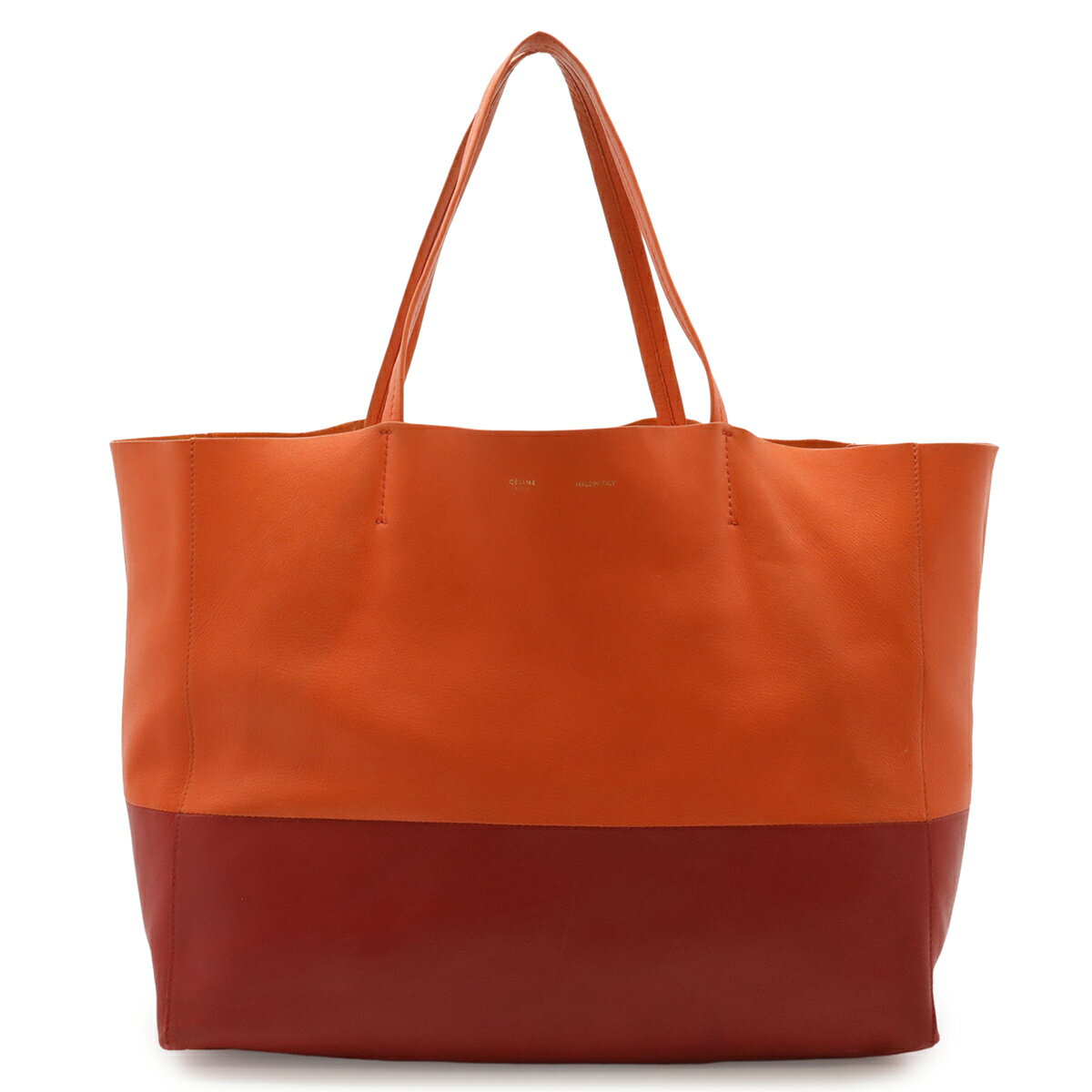 CELINE セリーヌ ホリゾンタルカバ バイカラー トートバッグ ラージトート ショルダーバッグ 縦長 レザー オレンジ レッド 赤 【中古】