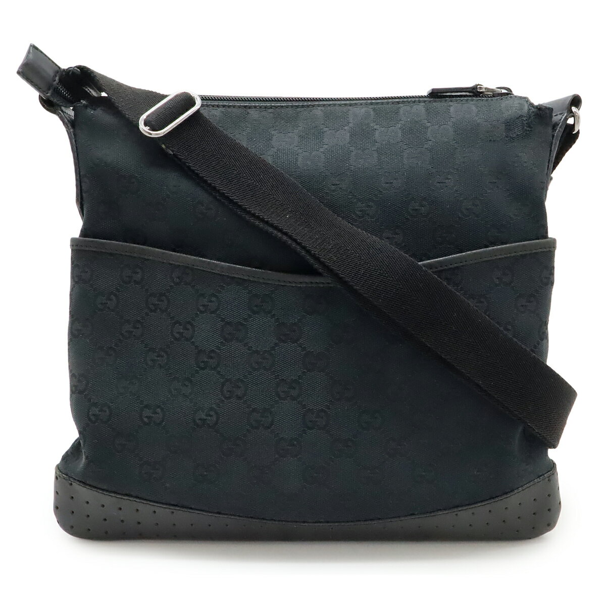 Rakuten - GUCCI グッチ GGキャンバス ショルダーバッグ メッセンジャーバッグ 斜め掛け パンチング レザー ブラック 黒 シルバー金具 145857 【中古】