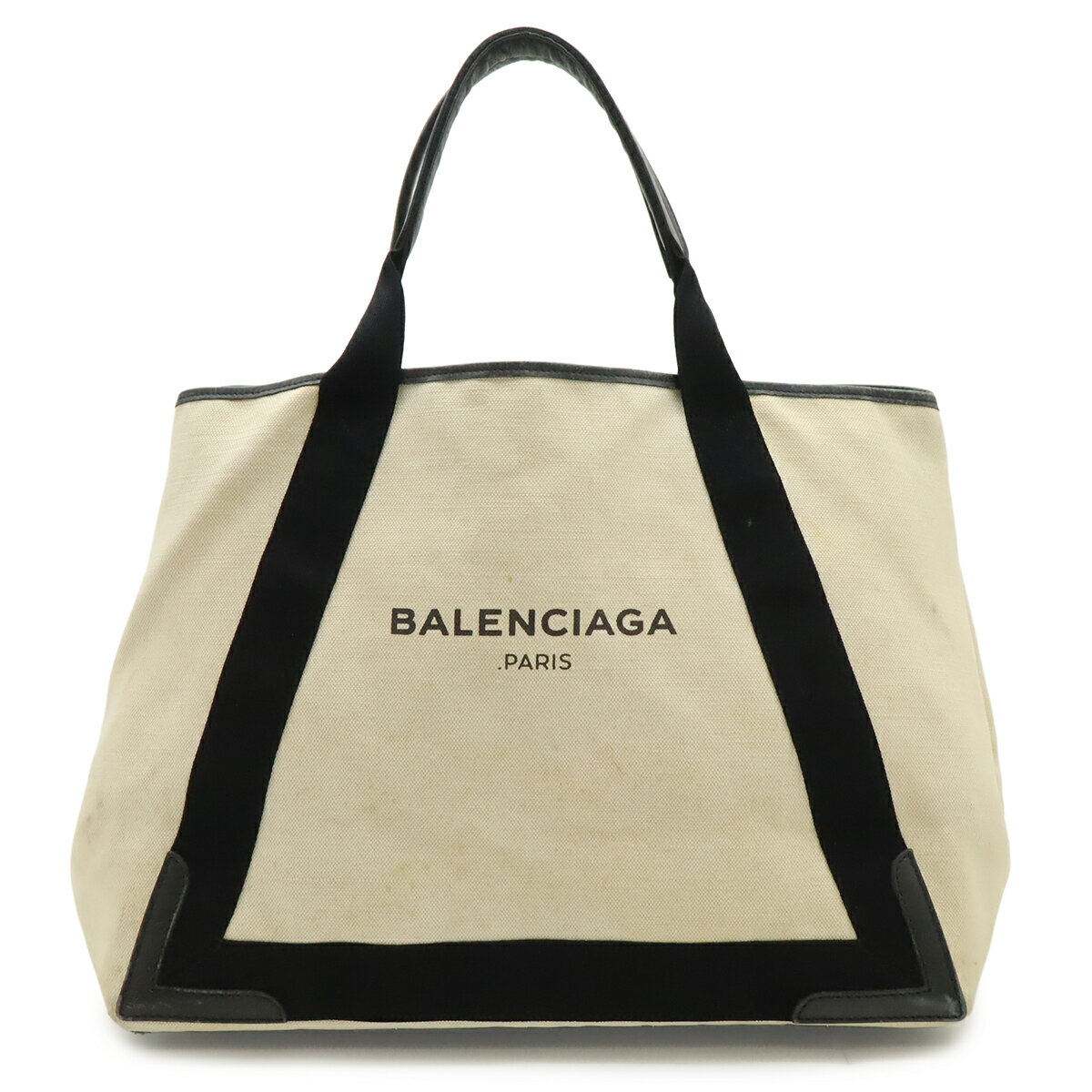 BALENCIAGA - BALENCIAGA バレンシアガ ネイビー カバ M トートバッグ ショルダーバッグ キャンバス レザー ナチュラル 黒 ブラック ポーチ欠品 339936 【中古】