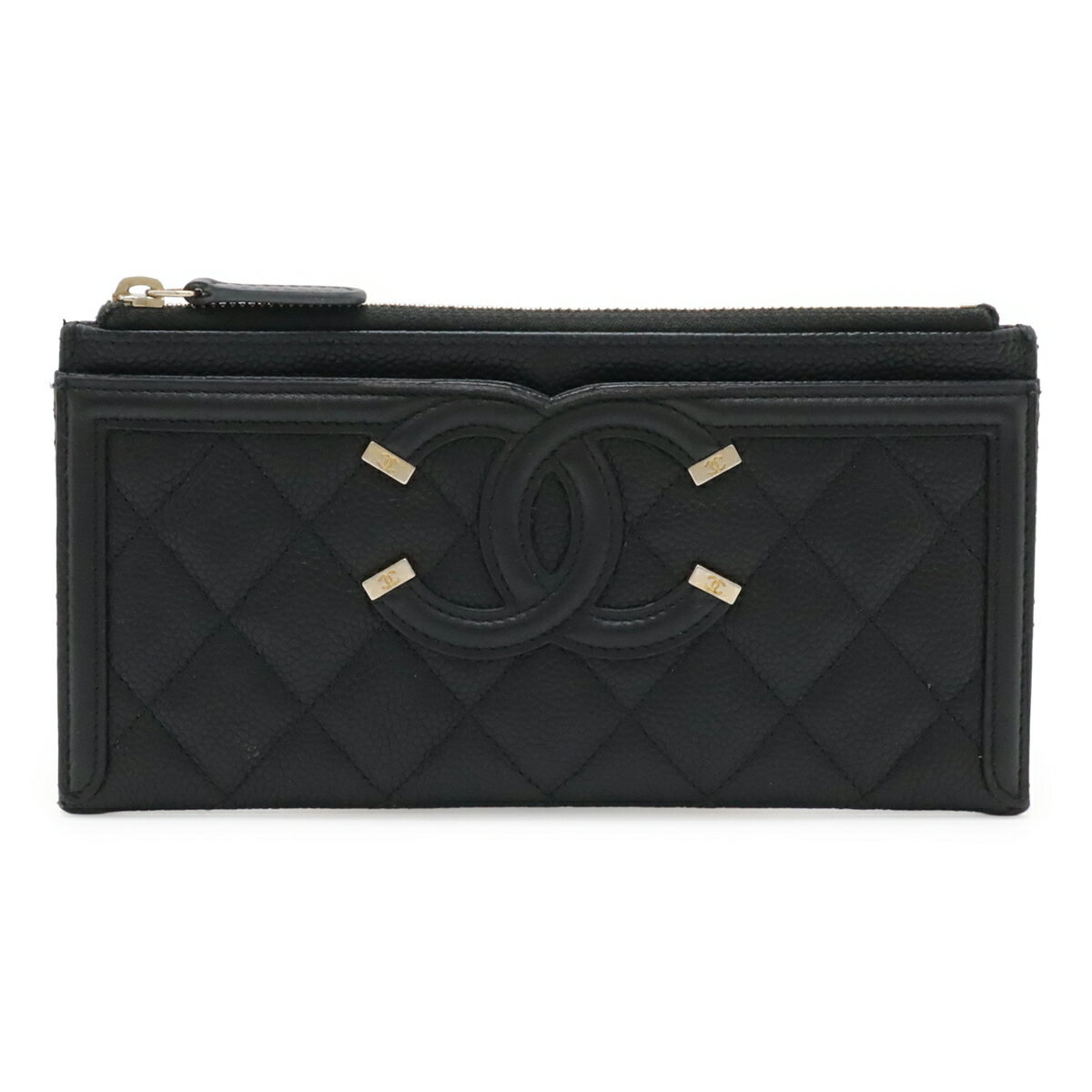 F, H, W - CHANEL シャネル CCフィリグリー ココマーク マトラッセ 長財布 ポーチ マルチケース キャビアスキン レザー ブラック 黒 ゴールド金具 【中古】
