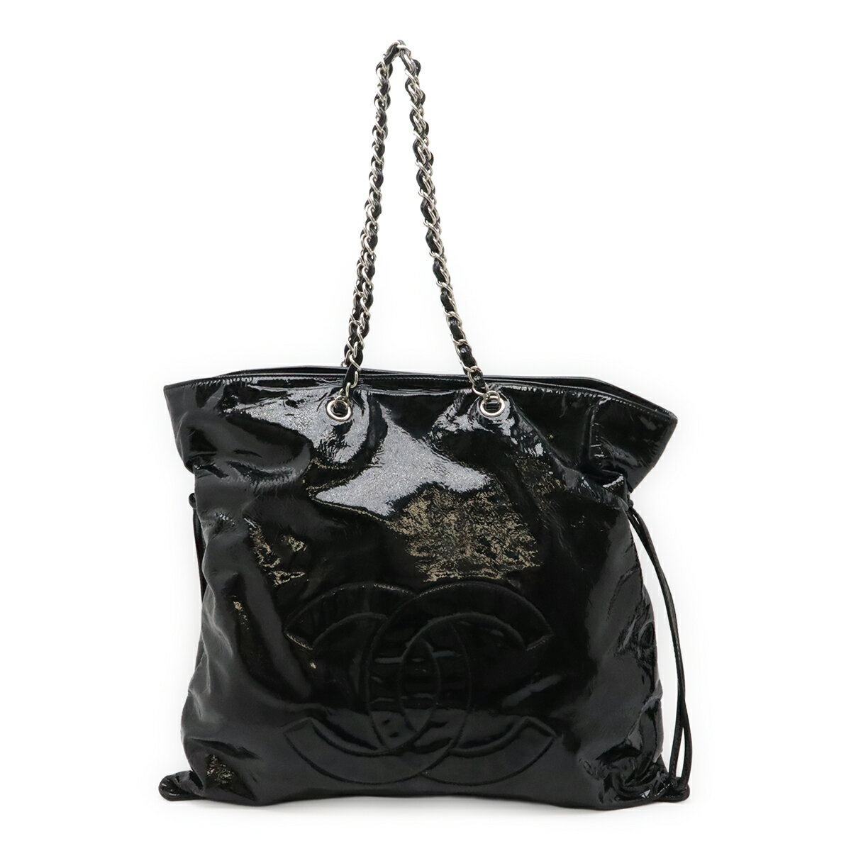 CHANEL - CHANEL シャネル ココマーク ボンボン トートバッグ チェーンショルダー ショルダーバッグ 巾着 エナメル エナメルレザー ブラック 黒 シルバー金具 【中古】