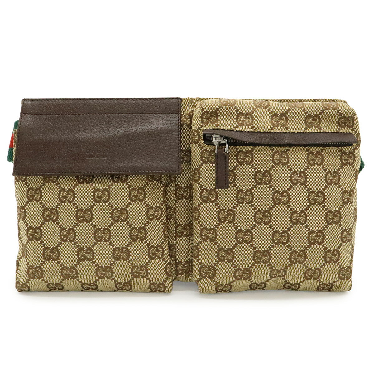 乐天商城 - GUCCI グッチ GGキャンバス シェリーライン ボディバッグ ウエストポーチ ヒップバッグ レザー カーキベージュ ダークブラウン 茶 28566 【中古】