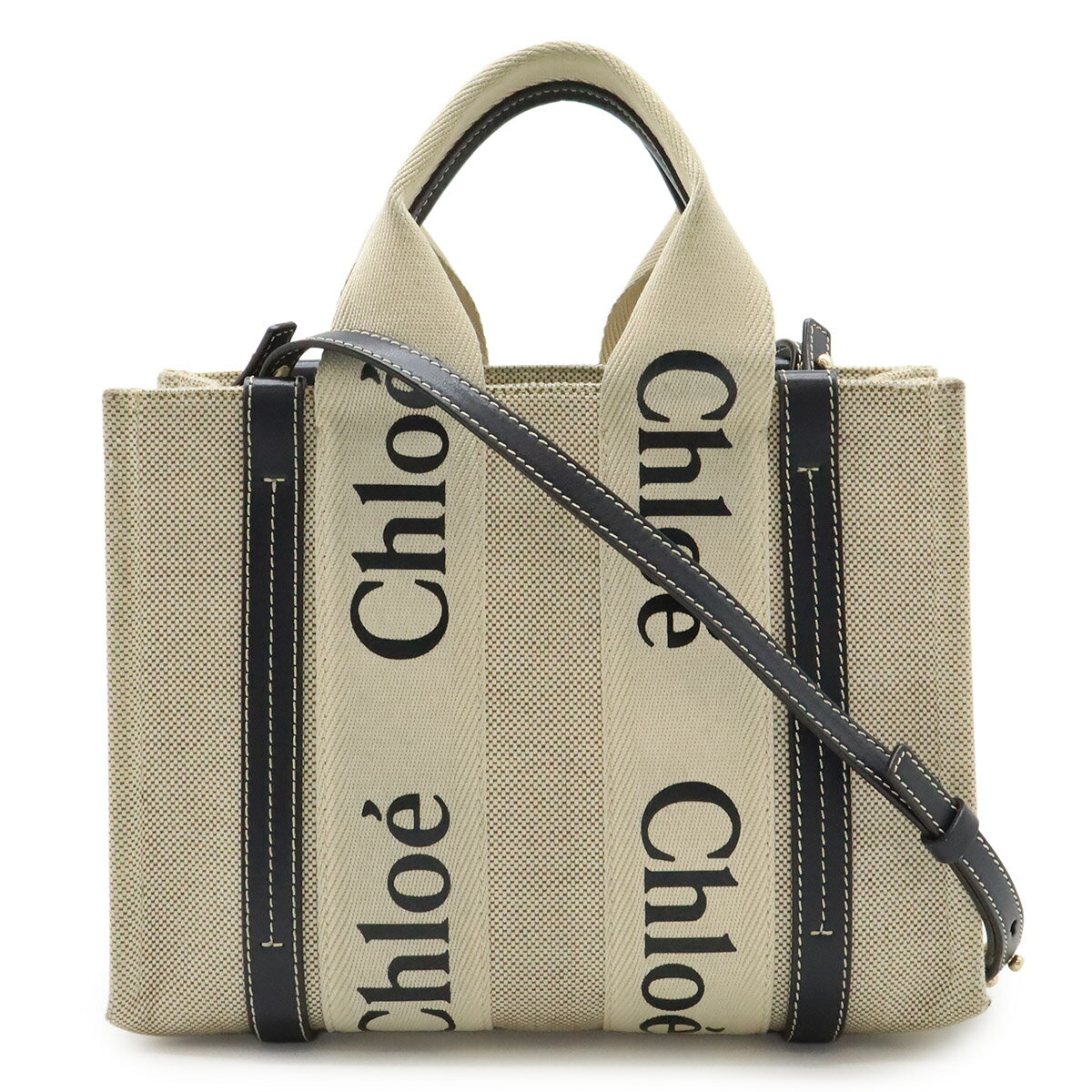 Chloe クロエ ウッディ スモール トートバッグ ハンドバッグ 2WAY ショルダーバッグ キャンバス レザー ベージュ ダークネイビー CHC22AS397 【中古】