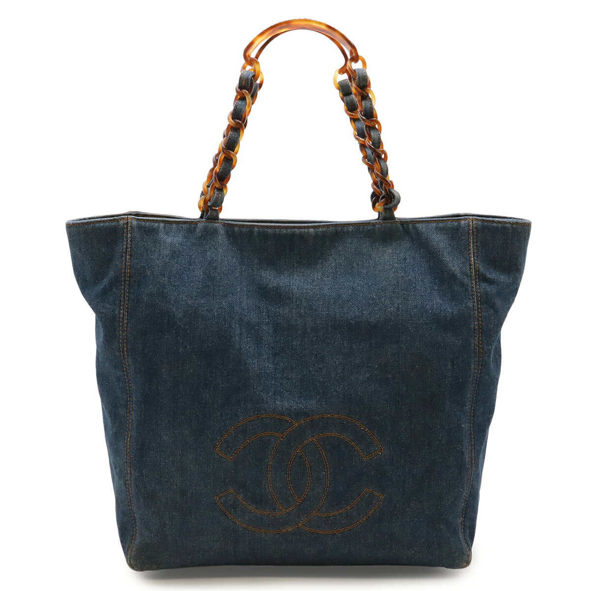 CHANEL シャネル ココマーク プラチェーン トートバッグ ショルダーバッグ 肩掛け プラスチックチェーン デニム ブルーインディゴ デミブラウン 【中古】