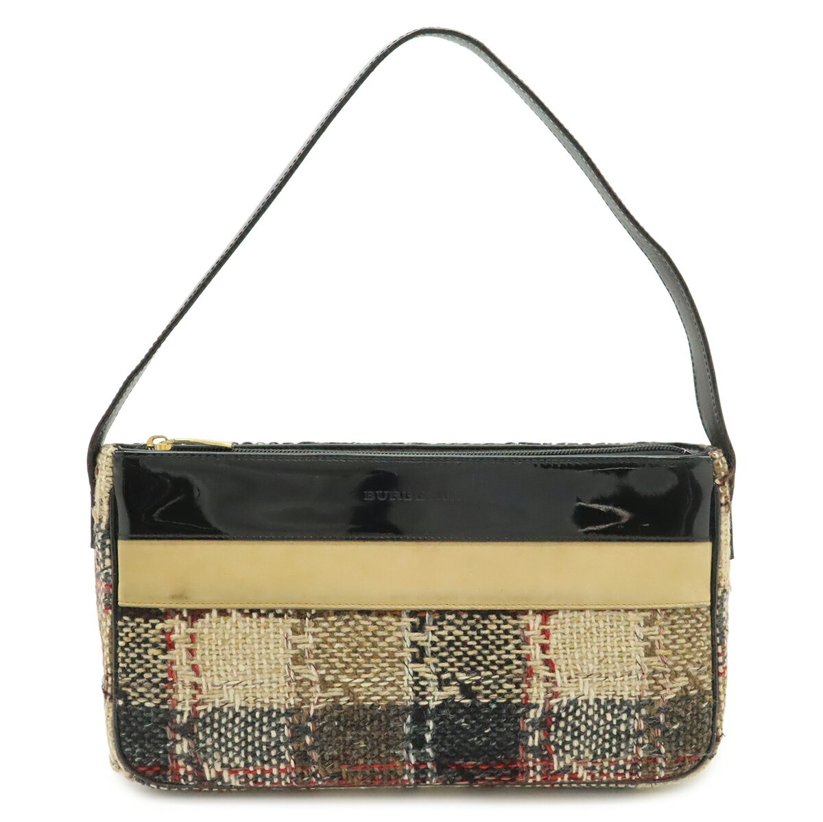 BURBERRY バーバリー ワンショルダー ショルダーバッグ セミショルダー 肩掛け チェック柄 ウール エナメル スエード ベージュ ブラック 黒 【中古】