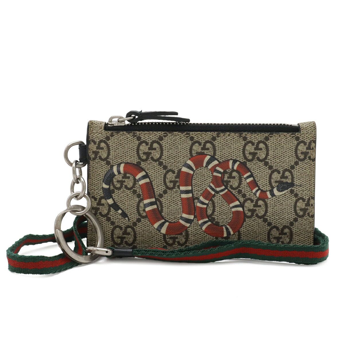 GUCCI - GUCCI グッチ GGスプリーム キングスネーク 蛇 コインケース 小銭入れ カードホルダー ネックストラップ PVC レザー ベージュ レッド 523903 【中古】