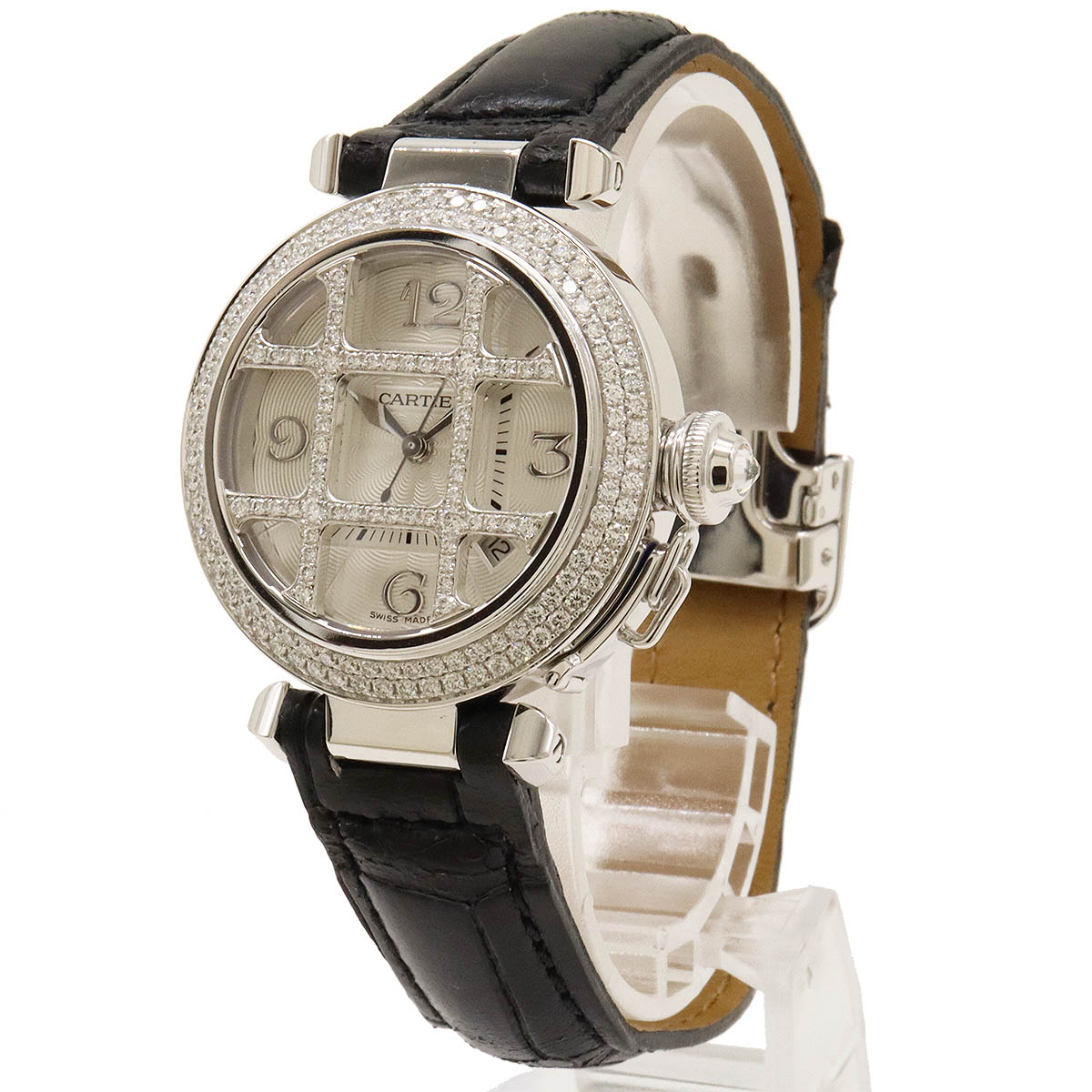 【ウォッチ】【OH・新品仕上げ済】Cartier カルティエ パシャグリッド32 SS K18WG 革ベルト ダイヤベゼル ダイヤグリッド 32mm AT オートマ レディース 腕時計 【中古】