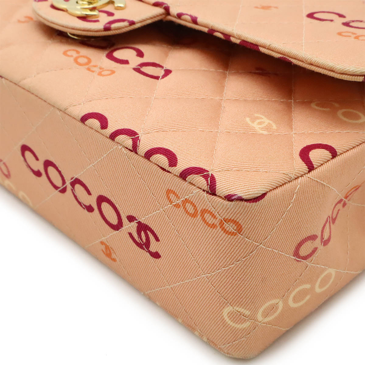 CHANEL シャネル COCOプリント マトラッセ25 ココマーク Wチェーンショルダーバッグ キャンバス レザー サーモンピンク ゴールド金具 A01112 【中古】
