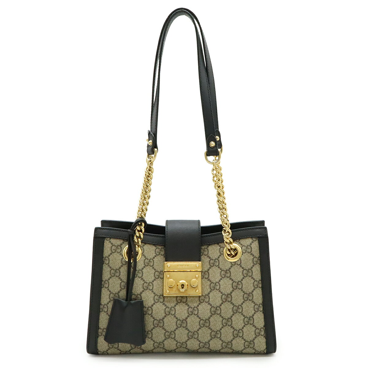 GUCCI - GUCCI グッチ GGスプリーム パドロック スモール ショルダーバッグ チェーンバッグ PVC レザー ベージュ ブラック 黒 ゴールド金具 498156 【中古】