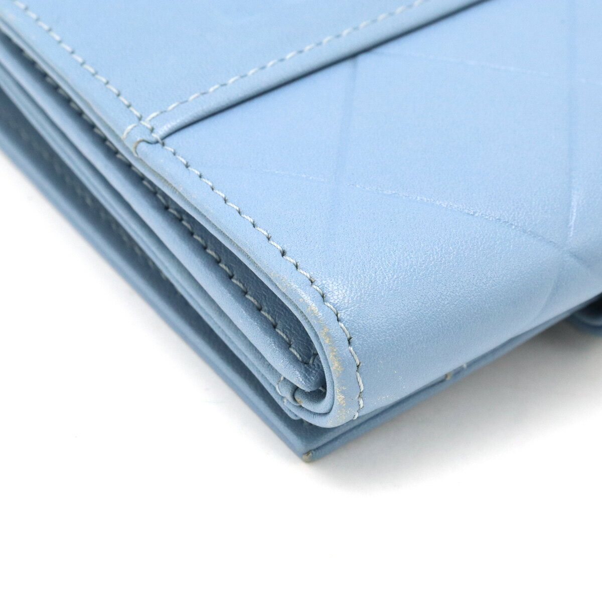 CHANEL シャネル マトラッセ ロゴ 2つ折財布 二つ折り Wホック財布 ダブルホック レザー ダスティブルー シルバー金具 【中古】