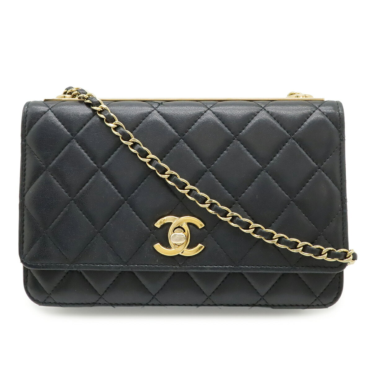 CHANEL シャネル トレンディCC マトラッセ チェーンウォレット 小銭入れ カードケース ラムスキン レザー ブラック 黒 ゴールド金具 【中古】