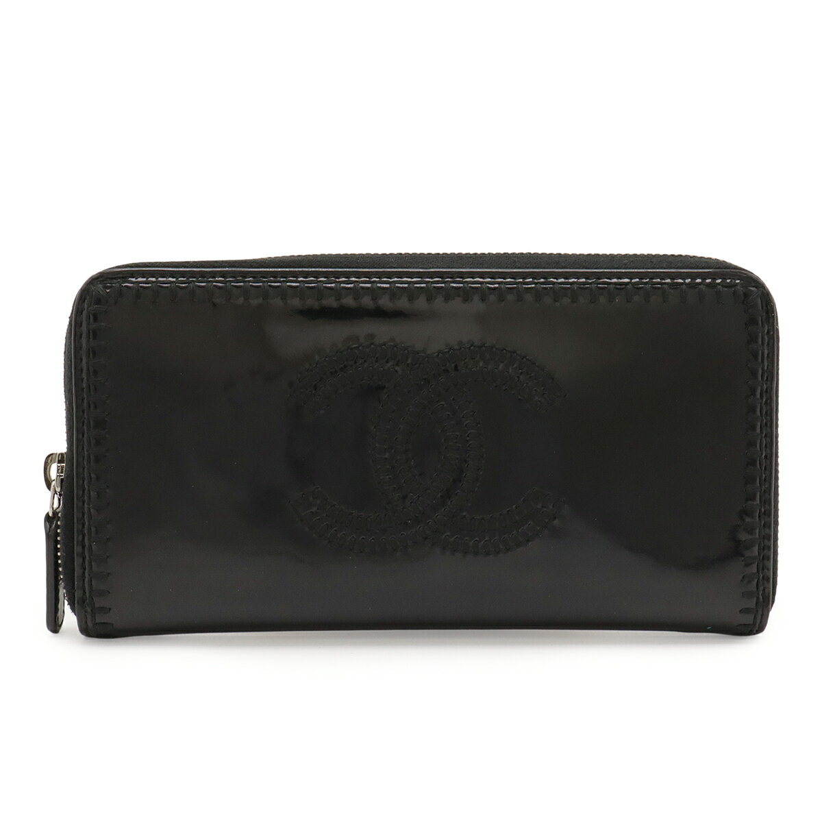 CHANEL シャネル ココマーク ラウンドファスナー 長財布 エナメル パテントレザー ブラック 黒 シルバー金具 【中古】