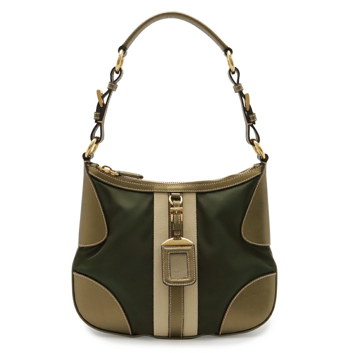 PRADA - PRADA プラダ トライアングル プレート ライン ショルダーバッグ ワンショルダー 肩掛け ナイロン グリーン系 ゴールド 金 ゴールド金具 【中古】