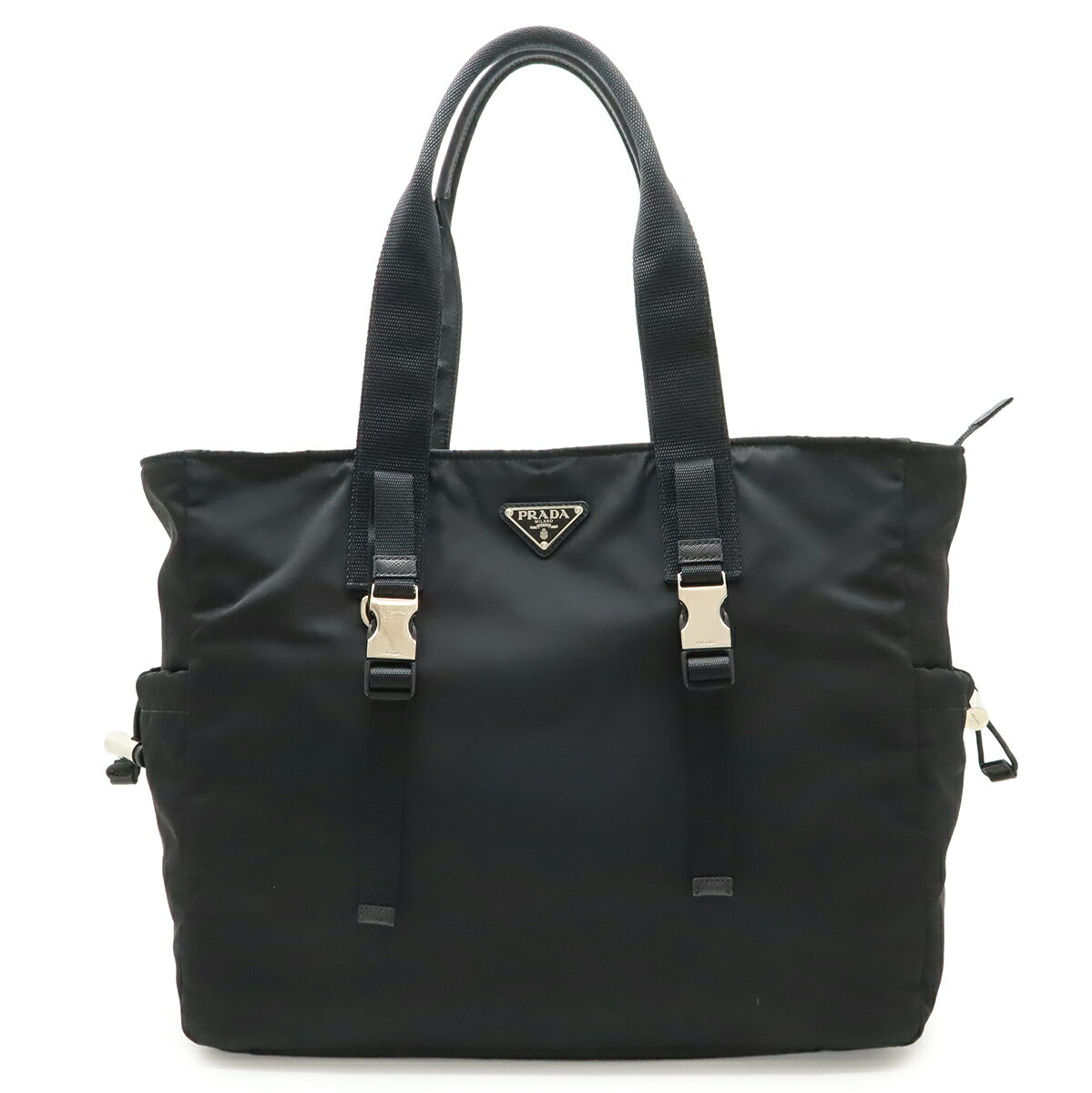 PRADA プラダ トライアングルロゴ トートバッグ ラージトート ショルダーバッグ ナイロン NERO ブラック シルバー金具 2VG042 【中古】