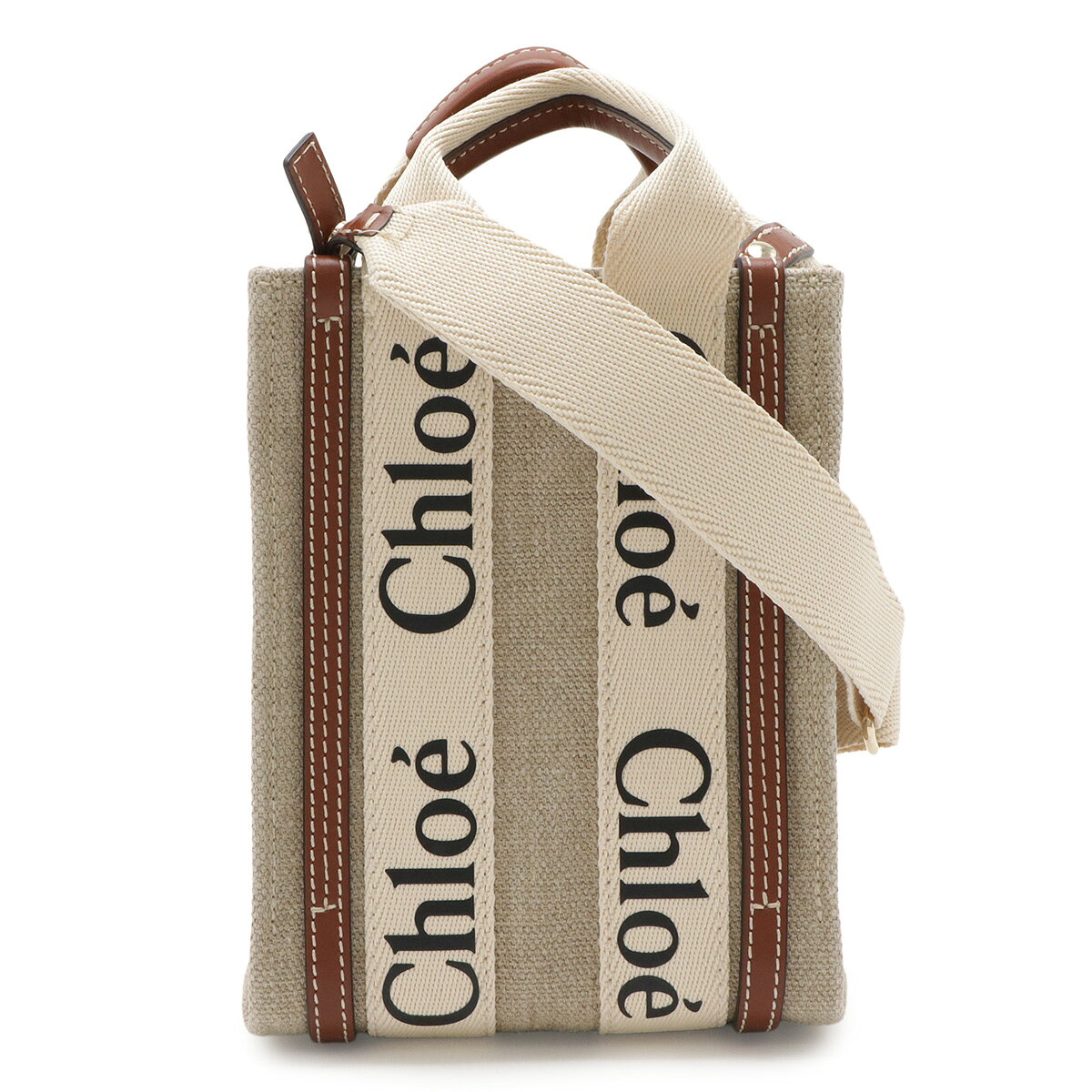 乐天商城 - Chloe クロエ Woody ウッディ ノースサウス ミニトート 2WAY ショルダーバッグ リネンキャンバス レザー ベージュ ブラウン CHC24AP243I2690U 【中古】
