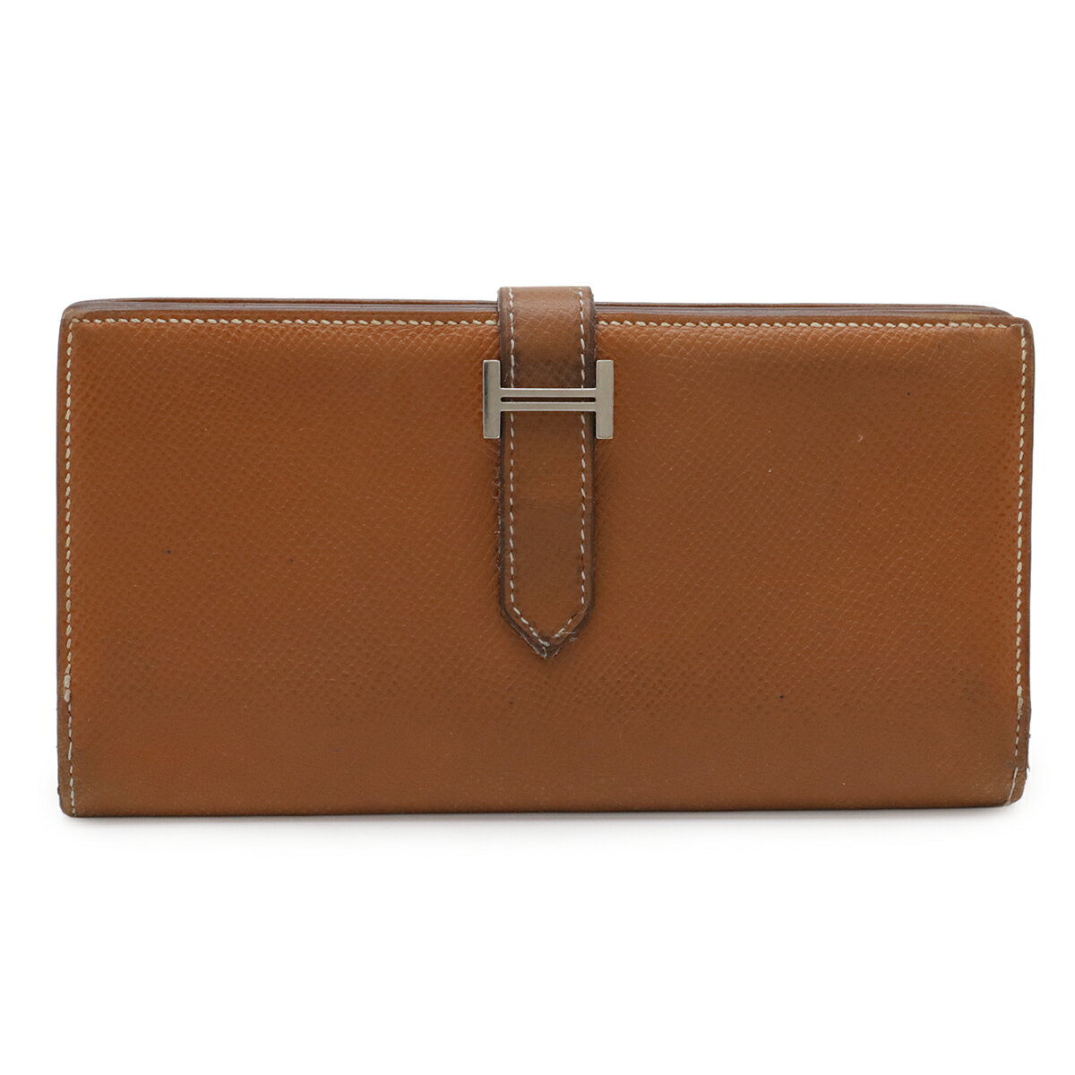 HERMES - HERMES エルメス ベアンスフレ 2つ折長財布 二つ折り長財布 ヴォーエプソン レザー ライトブラウン シルバー金具 □K刻印 【中古】