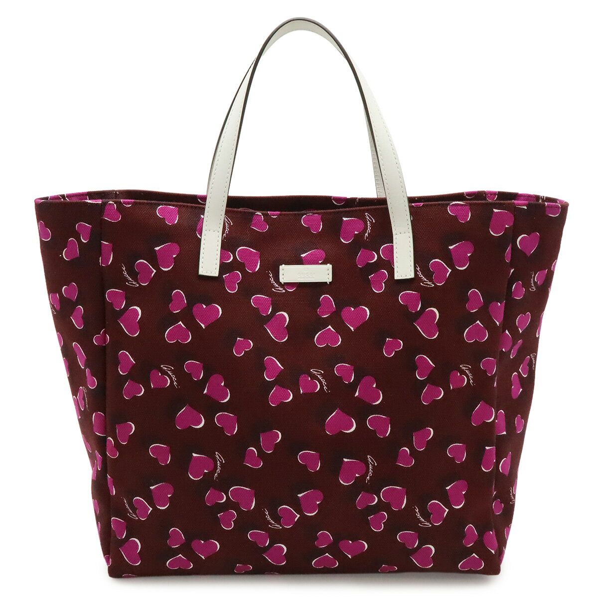乐天商城 - GUCCI グッチ トートバッグ ハンドバッグ ショルダートート 肩掛け ハート プリント キャンバス レザー ボルドー ピンク ホワイト 白 282439 【中古】