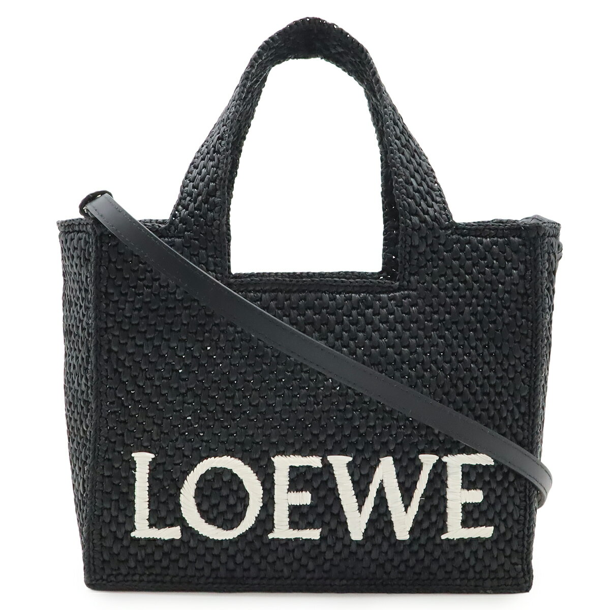 Rakuten - LOEWE ロエベ ロエベフォント トート スモール トートバッグ ハンドバッグ 2WAY ショルダーバッグ ラフィア ブラック 黒 ホワイト 白 A685B59X01 【中古】