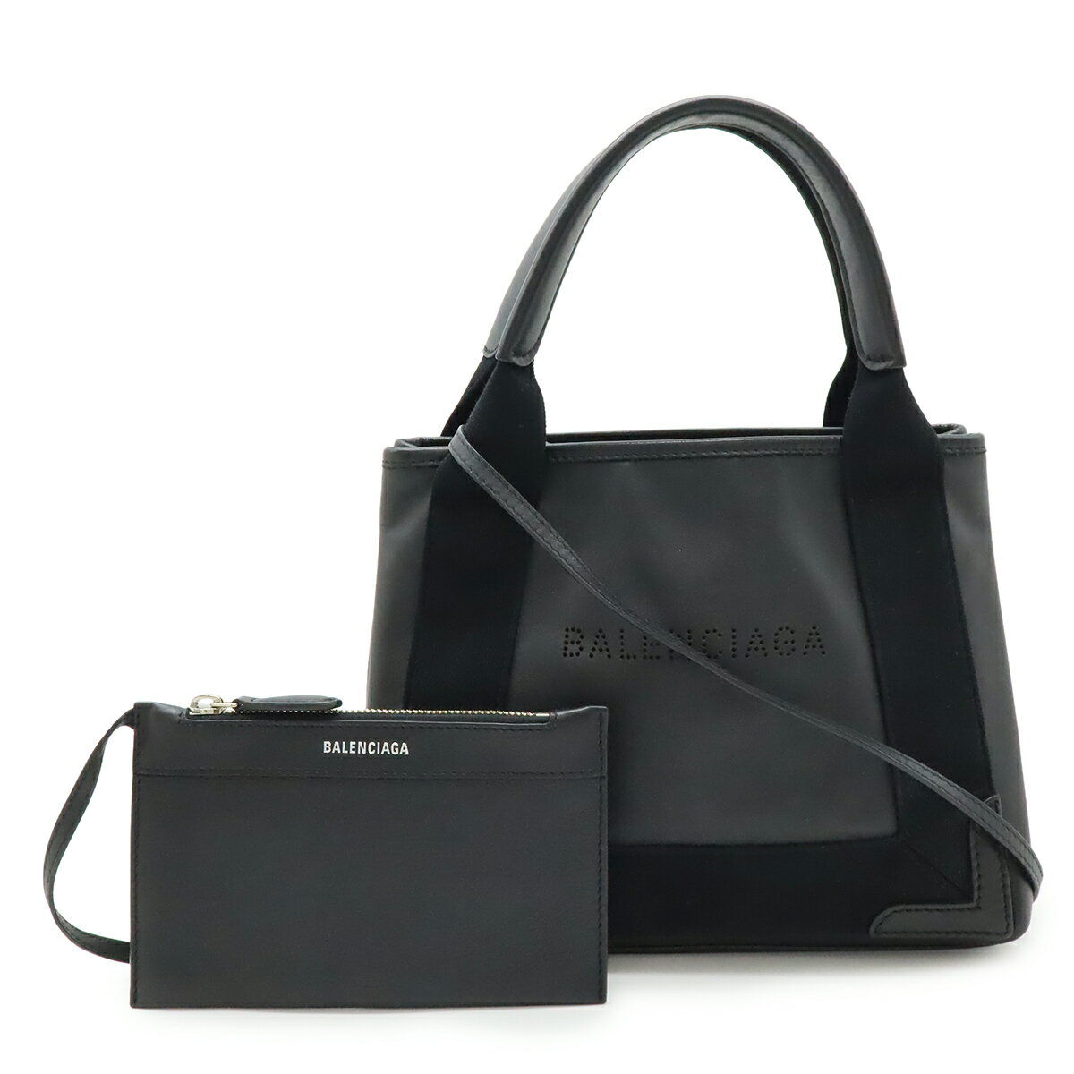 BALENCIAGA バレンシアガ ネイビーカバス XS トートバッグ ハンドバッグ 2WAY ショルダーバッグ パンチングロゴ レザー ブラック ポーチ付き 390346 【中古】