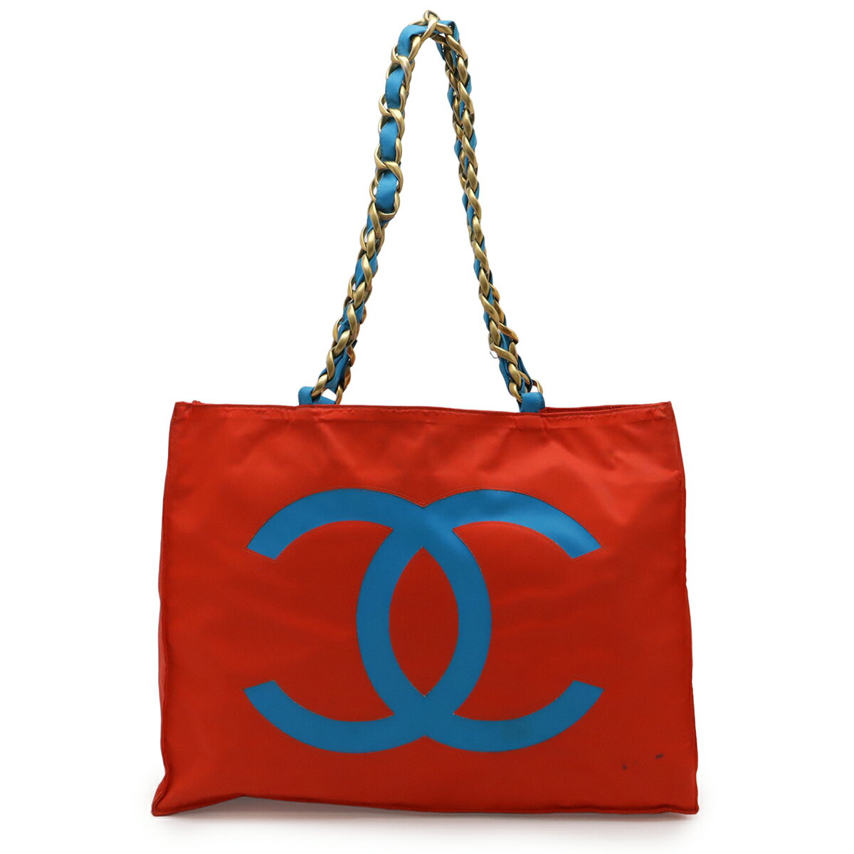 CHANEL シャネル ココマーク チェーントート トートバッグ ラージトート ショルダーバッグ ナイロンキャンバス ネオンレッド ブルー ゴールド金具 【中古】